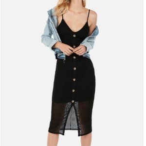 Express - Ribbed Button Front Midi Dress, Black